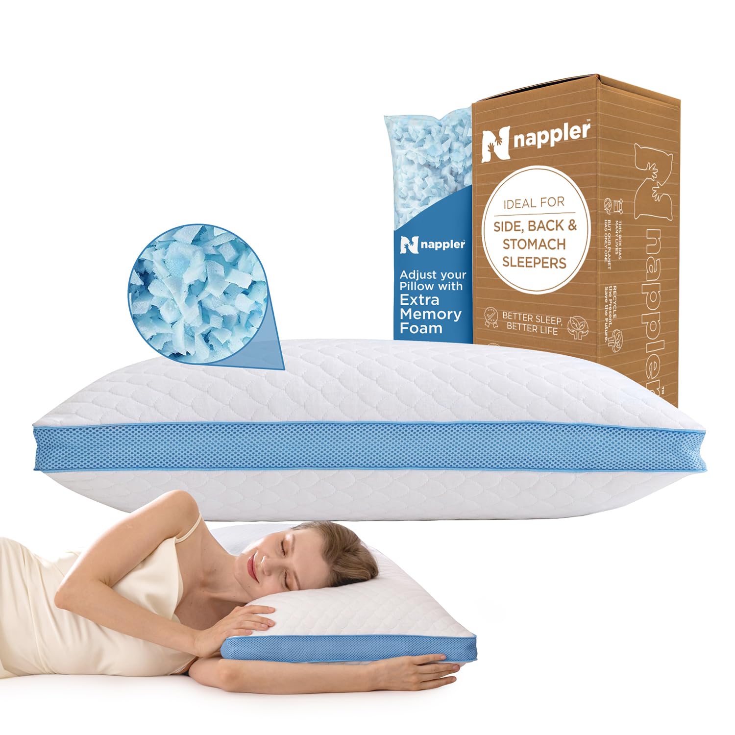 Nappler Side And Back Sleeper Pillow For Neck And Shoulder Pain Relief - Shredded Memory Foam Bed Pillow For Sleeping - 100% Adj